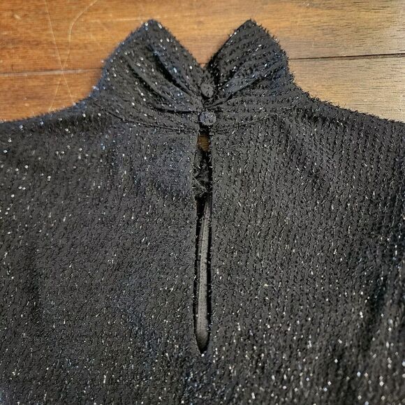 Nine West Blouse Small Black Metallic Long‎ Sleeve Keyhole Mock Neck Top Office - Picture 5 of 15